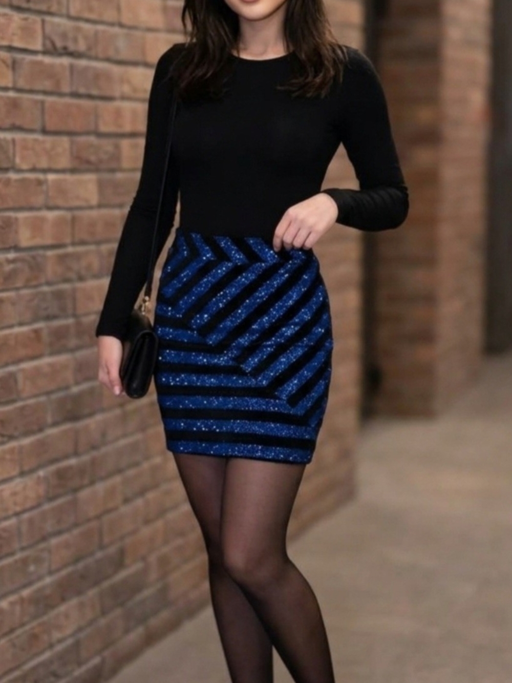 bebe Black and Blue Glitter Chevron Mini Skirt